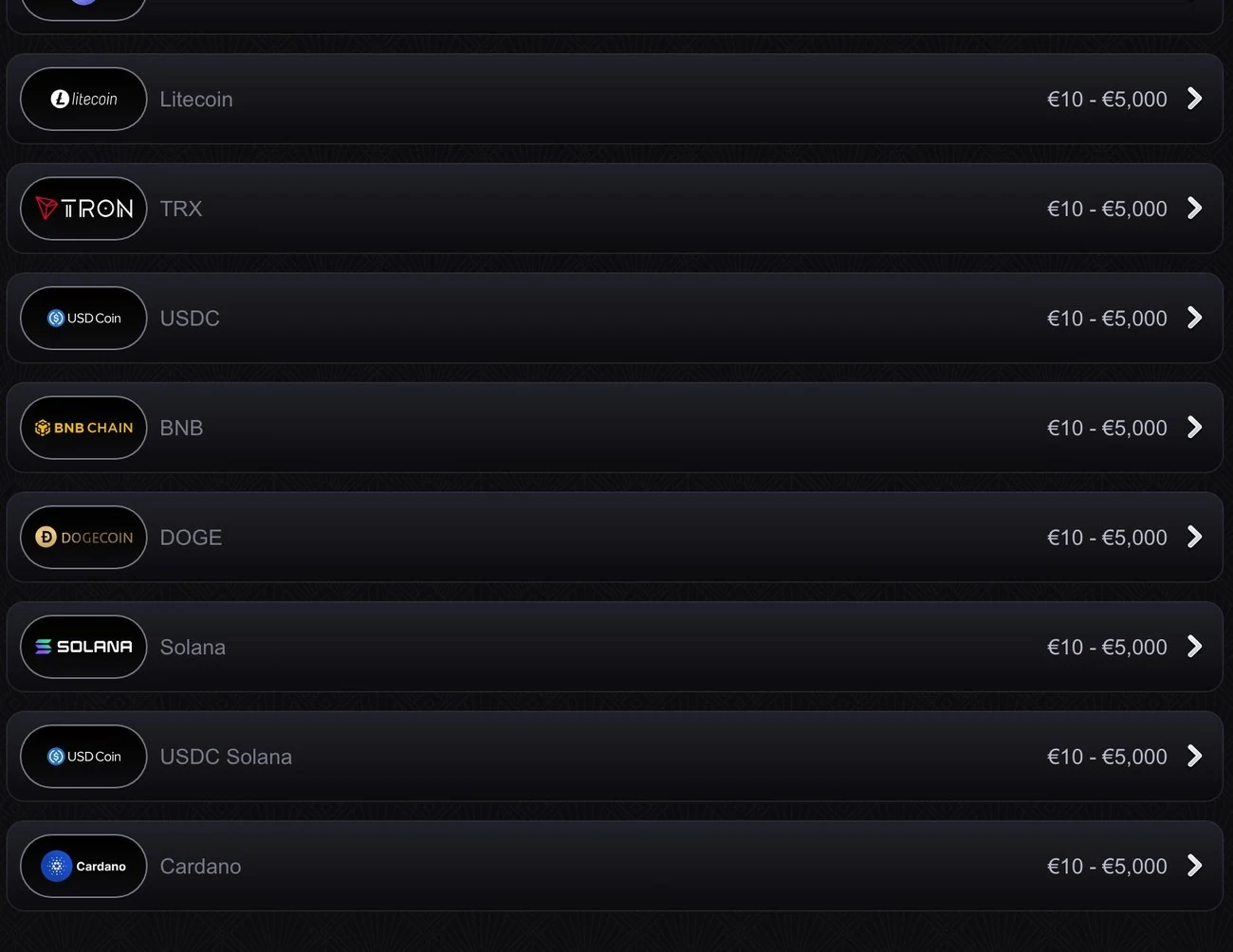 Krypto-Einzahlungen bei Casinova: Litecoin, TRX, USDC, BNB, DOGE, Solana und Cardano